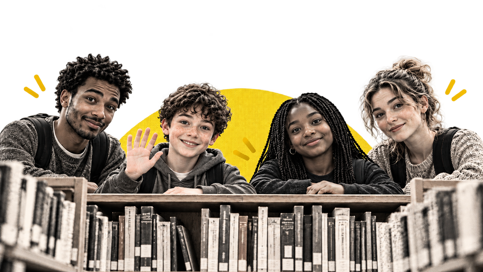 Four smiling near-peer teachers and students behind a library bookshelf, with a yellow halftone backdrop.