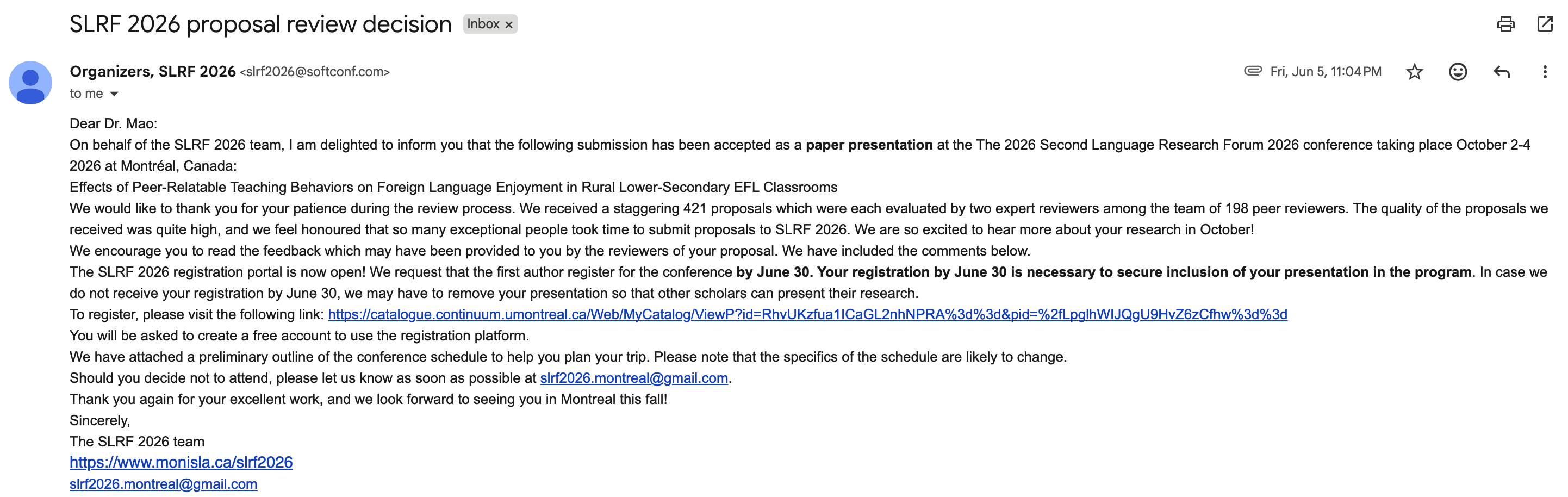 SLRF 2026 oral presentation acceptance email